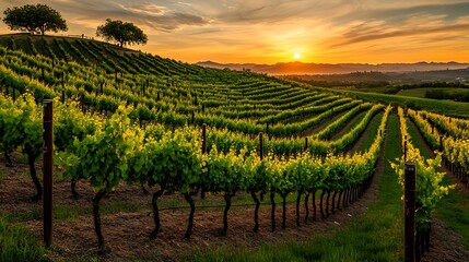 Lush vineyard with rolling green rows of grapevines under a golden sunset