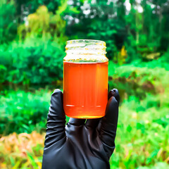 Hand holding glass of Honey