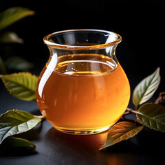 Glass Jar of Honey with  Fresh Leaves on Black Stone Table

