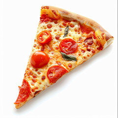 Delicious slice of pizza, featuring melted cheese and tomato sauce on a golden crust, isolated on a white background