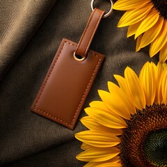Warm Tones and Textures A Leather Tag on Textured Fabric Beside Vibrant Sunflowers