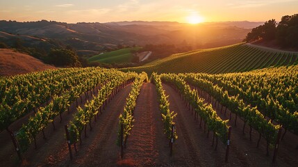 Lush vineyard with rolling green rows of grapevines under a golden sunset