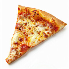 A perfect slice of pepperoni pizza, featuring melted mozzarella cheese and rich tomato sauce on a golden crust, isolated on white