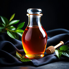 bottle of honey with wooden spoon