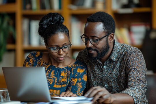 Mature couple reviewing financial documents and data on a laptop, discussing their money problems and planning for better financial management., Generative AI - Powered by Adobe