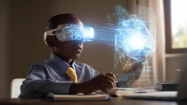 Young boy wearing VR headset interacting with floating holographic display while sitting at desk, showcasing futuristic virtual reality education and creative digital learning at home