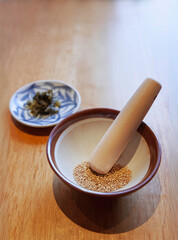 Sesame grinding bowl Japanese food for Pork cutlet sauce Traditional Japan culture