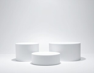 Three White Cylindrical Podiums on White Background
