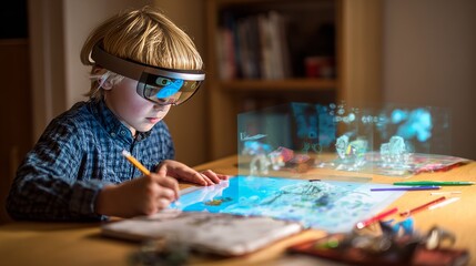 Young boy wearing VR headset interacting with floating holographic display while sitting at desk, showcasing futuristic virtual reality education and creative digital learning at home
