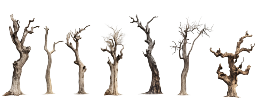 Row of barren trees presented on a transparent background evokes a sense of desolation and stark beauty with weathered textures.