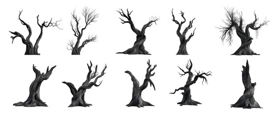 Ten gnarled, spooky trees stand starkly against a transparent background, ideal for Halloween designs or gothic fantasy landscapes.