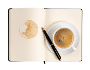 Notebook with Pen and Coffee Stain Ring isolated on transparent background PNG