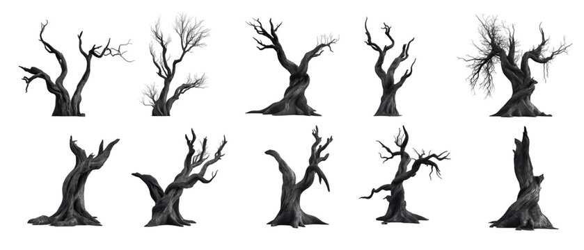 Ten gnarled, spooky trees stand starkly against a transparent background, ideal for Halloween designs or gothic fantasy landscapes.