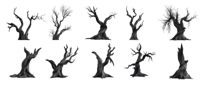 Ten gnarled, spooky trees stand starkly against a transparent background, ideal for Halloween designs or gothic fantasy landscapes.