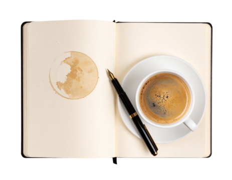  Notebook with Pen and Coffee Stain Ring isolated on transparent background PNG