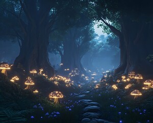Magical deep jungle with ancient towering trees and soft glowing mushrooms