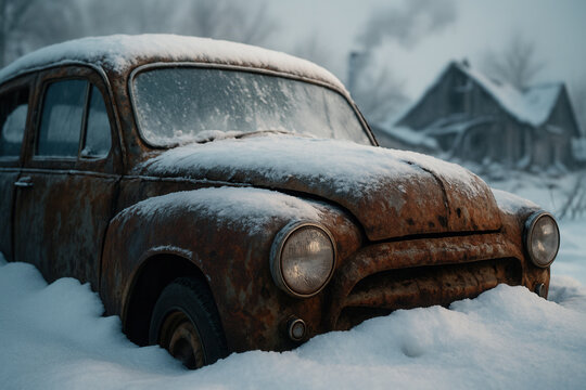 Fototapeta Rusted Vintage Car Abandoned in Deep Snow of Rural Winter Landscape
