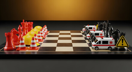 Strategic Safety and Healthcare Chess Game with Construction and Emergency Themed Pieces on a Board. Safety First Concept