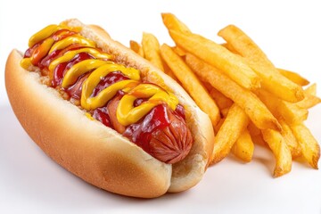 A classic hot dog in a soft bun, generously topped with ketchup and mustard, served alongside a portion of golden-brown, crispy French fries