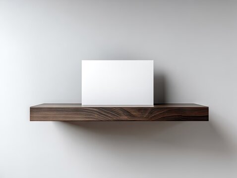 A blank white card rests on a dark wood shelf against a minimalist white wall.  Simple, clean lines and subtle shadowing enhance the presentation