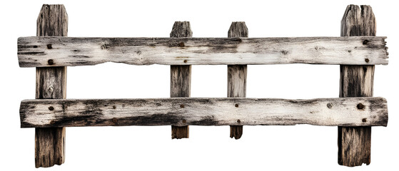 Weathered wooden fence segment presents a rustic charm against a transparent background, ideal for design overlays and textured compositions.