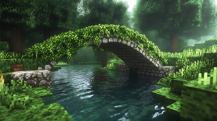 Mossy stone bridge over a peaceful river surrounded by dense greenery
