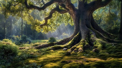 Majestic ancient tree with thick roots sprawling over a mossy forest floor