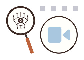 Magnifying glass with digital eye circuitry and video icon. Ideal for AI, technology, security, surveillance, research, video editing, innovation. Simple flat metaphor