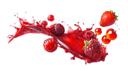 Juicy red berry juice splash with floating fruit pieces, vibrant motion, white backdrop