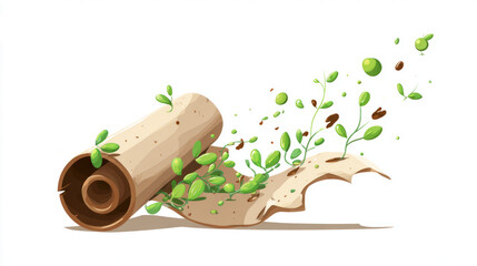 Magical herbs sprouting from scroll or spellbook, botanic energy trail, isolated on white