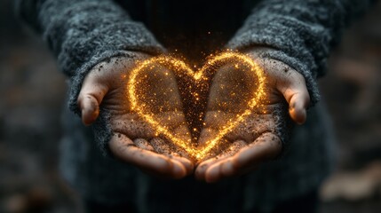Hands holding glowing heart shape, love and care concept
