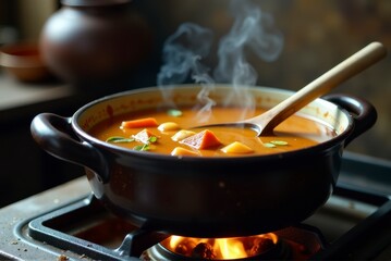 A steaming pot of soup is being cooked on a stove, perfect for a holiday meal.
