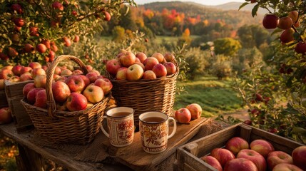 Serene Rustic Apple Orchard in Early Autumn Featuring Wicker Baskets Filled with Freshly Picked Apples Inspiring Connection to Nature and Tradition