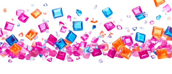 Colorful candy cubes and crystal shards cascade against a dark backdrop, creating a vibrant and eye-catching abstract design, transparent background