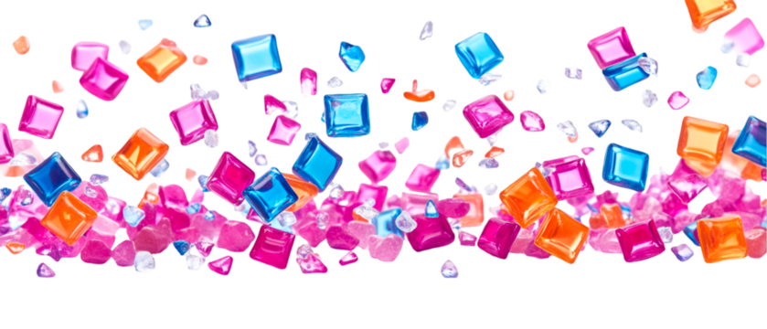 Colorful candy cubes and crystal shards cascade against a dark backdrop, creating a vibrant and eye-catching abstract design, transparent background