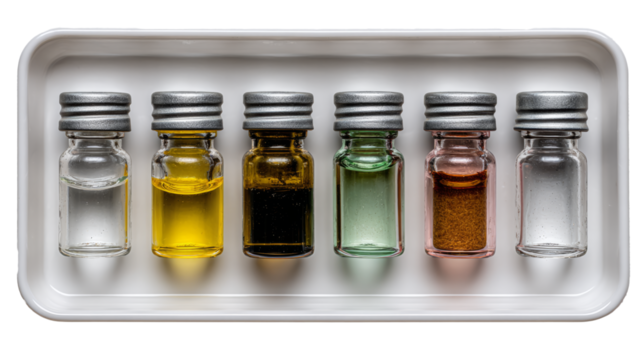 Multiple vials arranged in lab tray minimal on white