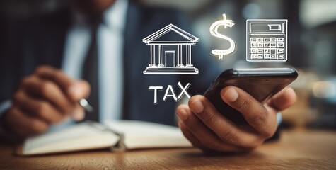 Person in suit uses phone, calculating taxes, bank icon, dollar sign overlaid