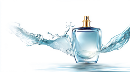 Perfume bottle surrounded by curved water splash minimal on white