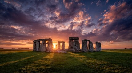 Sunburst Through Stonehenge – Ancient Stones Silhouetted by Fiery Sunrise and Majestic Skies