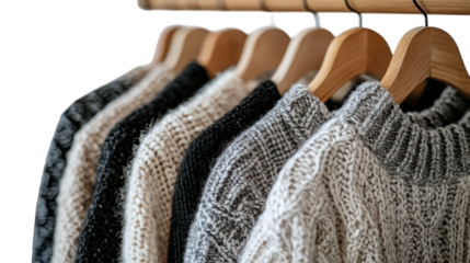Sweaters hanging neatly on wooden rack, close-up