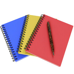 A collection of colorful spiral notebooks and a decorative pen, ideal for writing and note-taking.