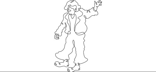 Continuous one line drawing circus clown. A clown in a funny costume performs in a circus. Circus performance. One continuous line isolated minimal illustration.Not AI.