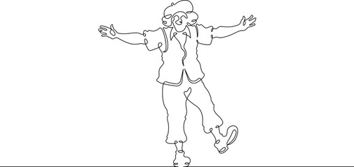 Continuous one line drawing circus clown. A clown in a funny costume performs in a circus. Circus performance. One continuous line isolated minimal illustration.Not AI.