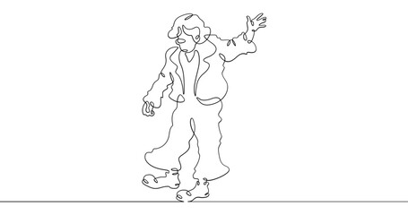 Continuous one line drawing circus clown. A clown in a funny costume performs in a circus. Circus performance. One continuous line isolated minimal illustration.Not AI.