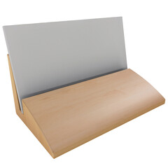 A wooden book stand with a gray backing, designed for holding books or documents upright for easy reading.