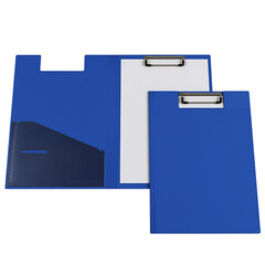 A blue folder with a clipboard and a document, used for organizing papers and notes.
