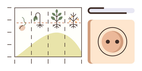 Growth stages of a plant illustrated on a chart, highlighting phases from seed to wilted plant alongside an energy socket. Ideal for education, biology, ecology, sustainability, growth, energy