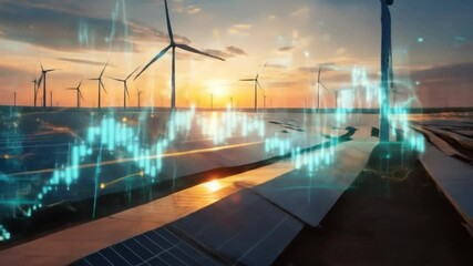 Renewable energy finance: solar panels and wind turbines with financial graph overlay - Powered by Adobe