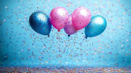 Festive balloons and confetti against a blue background