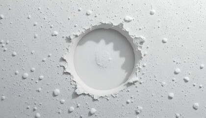 White Textured Surface with a Hole, Abstract White Crater Effect, Damage on a Stucco or Textured Wall, Minimalist White Hole,Imprint on a White Background